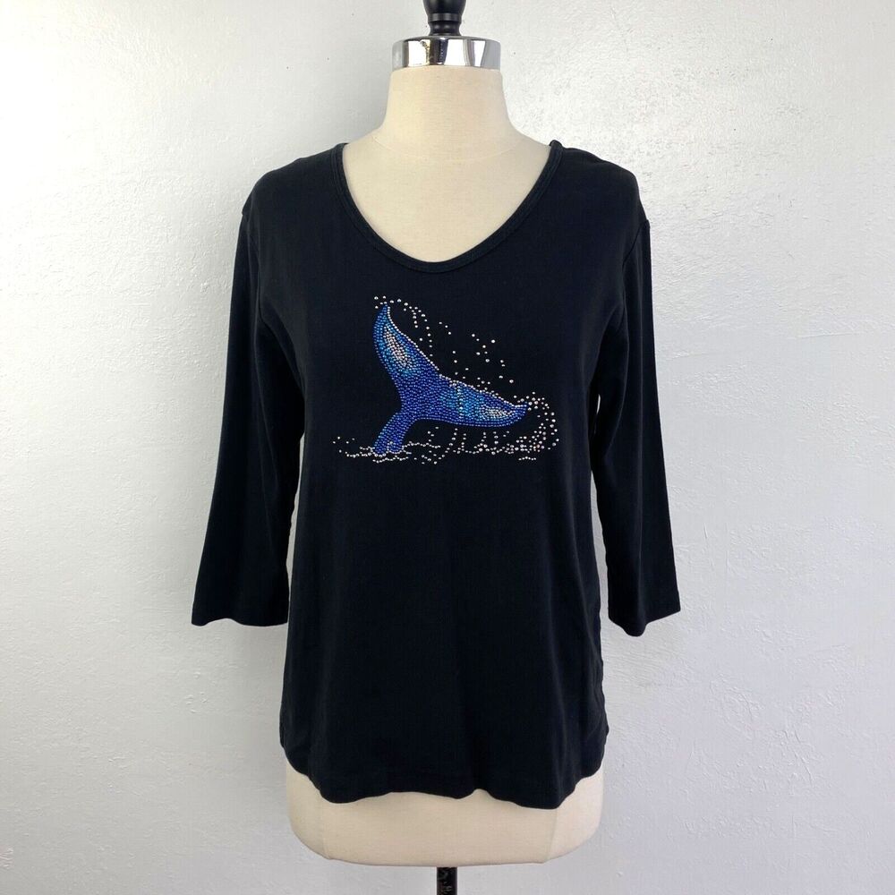 Cactus Bay Black Womans T Shirt Whale Tail Rhinestones Cotton USA 3/4 Sleeves